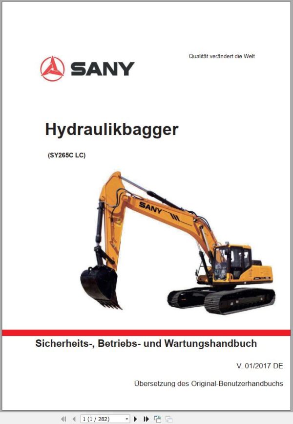 Sany Excavator SY265C SY265LC Operation and Maintenance Manual 501074 EN 1