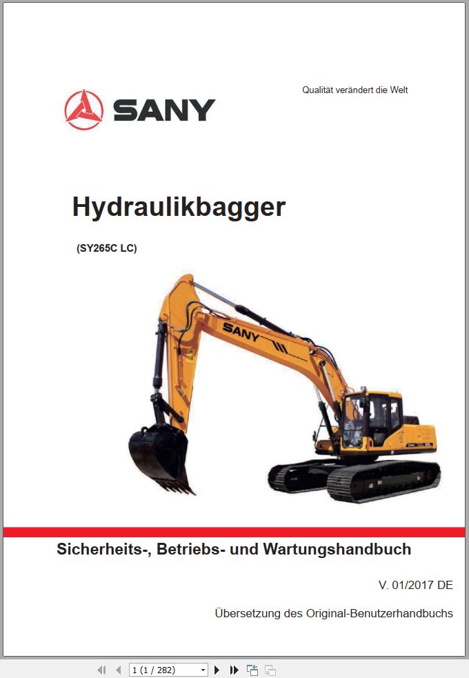 Sany Excavator SY265C SY265LC Operation and Maintenance Manual 501074 EN 1