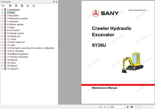 Sany Excavator SY26U Maintenance Manual and Diagram EN