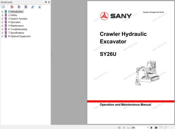 Sany Excavator SY26U Operation and Maintenance Manual EN