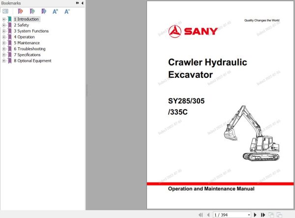 Sany Excavator SY285C SY305C SY335C Operation and Maintenance Manual EN