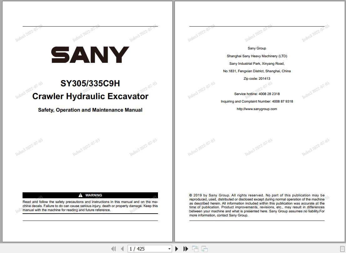 Sany Excavator SY305C9H SY335C9H Operation and Maintenance Manual EN
