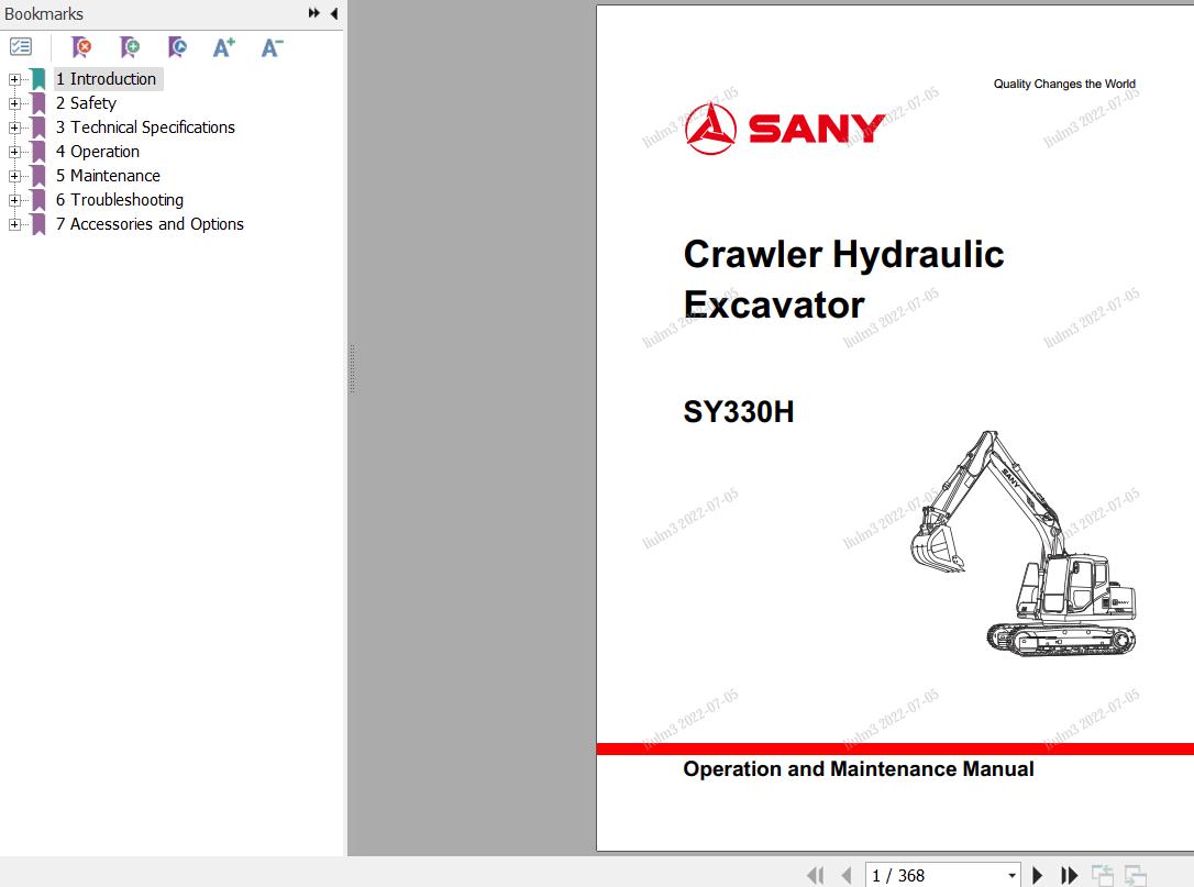 Sany Excavator SY330H Operation and Maintenance Manual EN