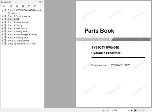 Sany Excavator SY35C Parts Book SY003ACC11978 EN