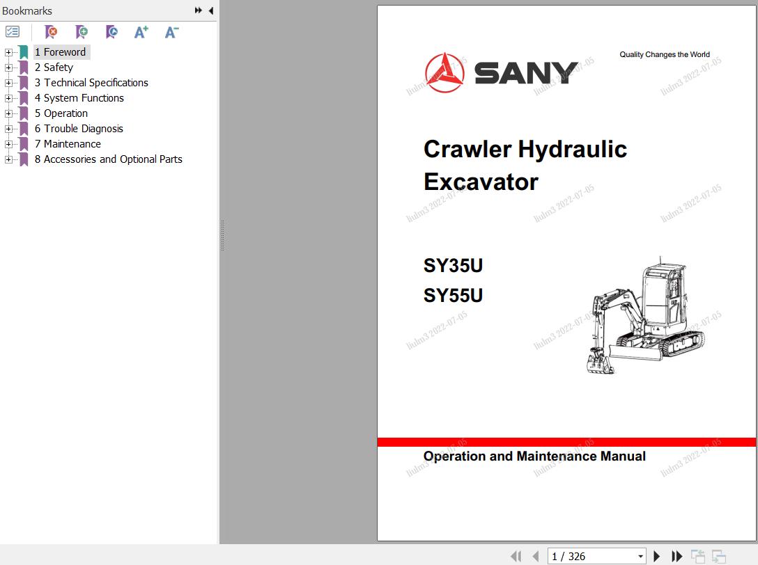 Sany Excavator SY35U SY55U Operation and Maintenance Manual EN