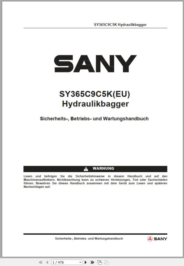 Sany Excavator SY365C Operation and Maintenance Manual DE 1