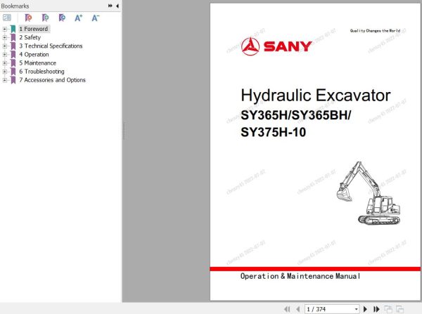 Sany Excavator SY365H 10 SY365BH 10 SY375H 10 Operation and Maintenance Manual EN