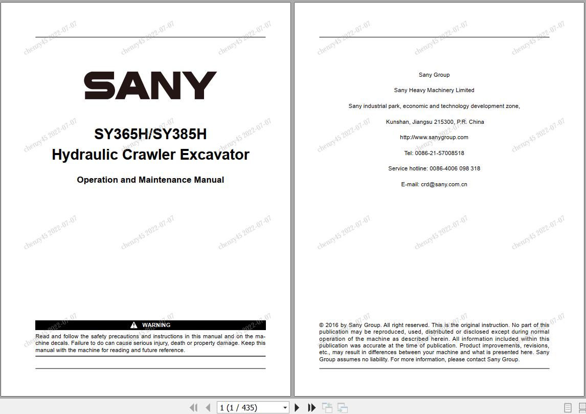 Sany Excavator SY365H SY385H Operation and Maintenance Manual EN