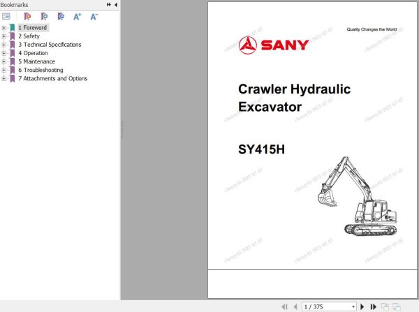Sany Excavator SY415H Operation and Maintenance Manual EN