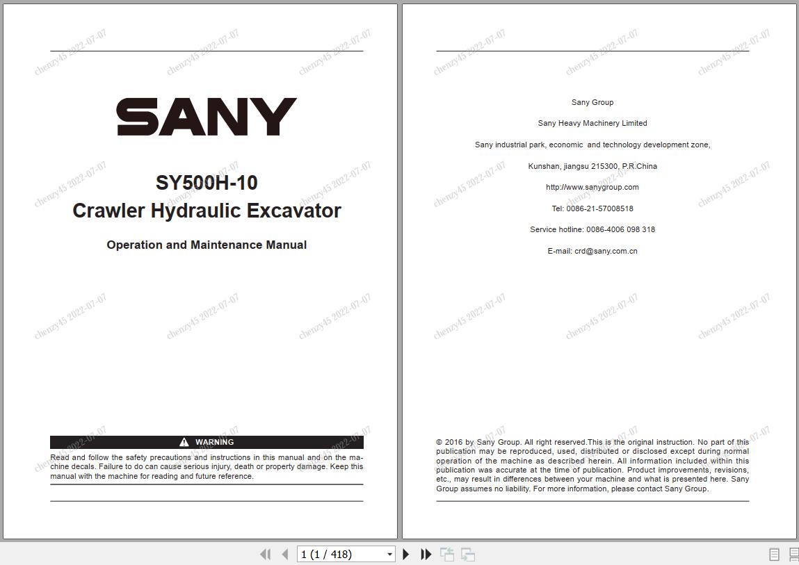 Sany Excavator SY500H 10 Operation and Maintenance Manual EN