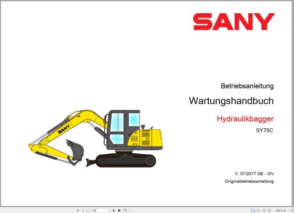 Sany Excavator SY75C Maintenance Manual and Diagram 500995 DE 1