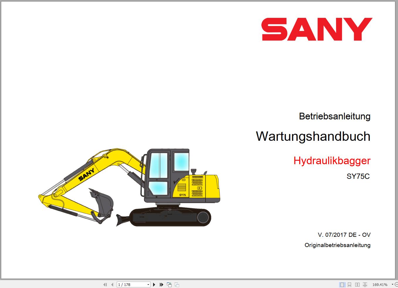 Sany Excavator SY75C Maintenance Manual and Diagram 500995 DE 1