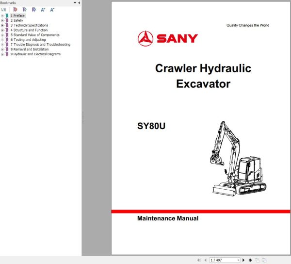 Sany Excavator SY80U Electrical and Hydraulic Schematic Maintenance Manual EN 1