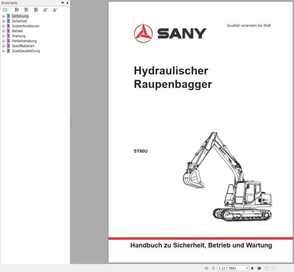 Sany Excavator SY80U Operation and Maintenance Manual 502141 DE 1