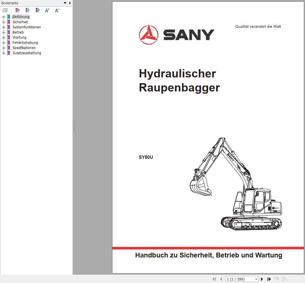 Sany Excavator SY80U Operation and Maintenance Manual 502141 DE 1