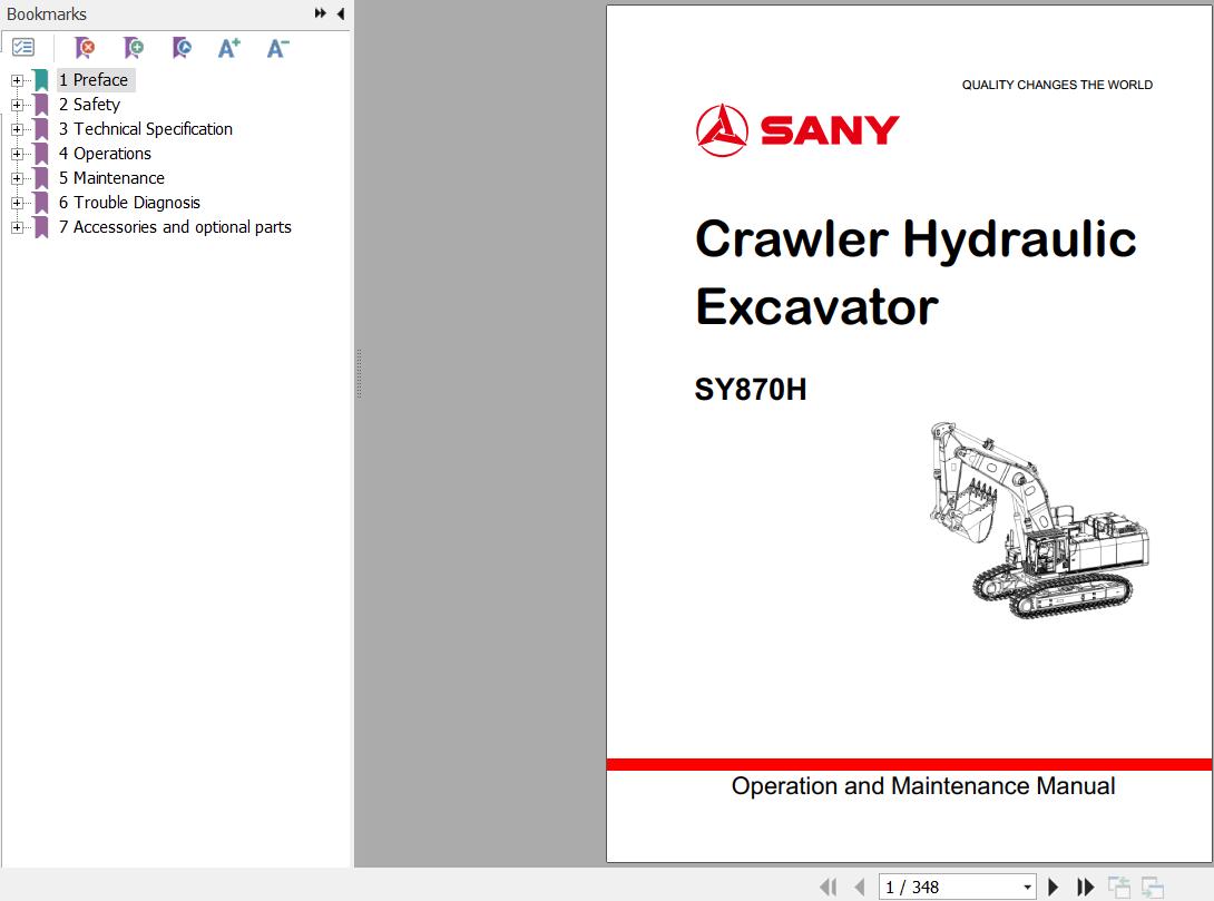 Sany Excavator SY870H Operation and Maintenance Manual EN