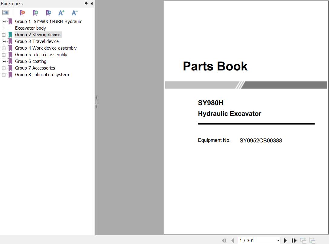 Sany Excavator SY980H Parts Book SY0952CB00388 EN