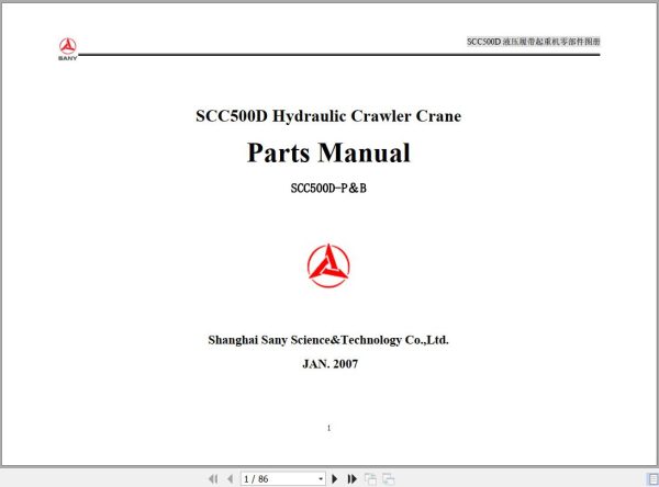 Sany Hydraulic Crawler Crane SCC500D Operation Maintenance Manual and Part Manual EN 1