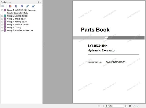 Sany Hydraulic Excavator SY135C Parts Book SY013NCC07388 EN
