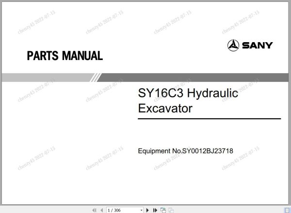 Sany Hydraulic Excavator SY16C Parts Manual SY0012BJ23718 EN
