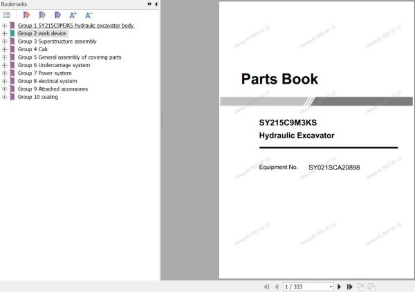 Sany Hydraulic Excavator SY215C Parts Book SY021SCA20898 EN