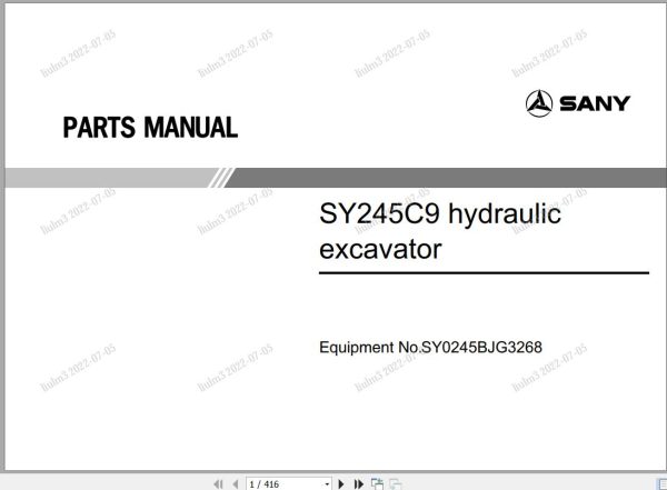 Sany Hydraulic Excavator SY245C9 Parts Manual SY0245BJG3268 EN