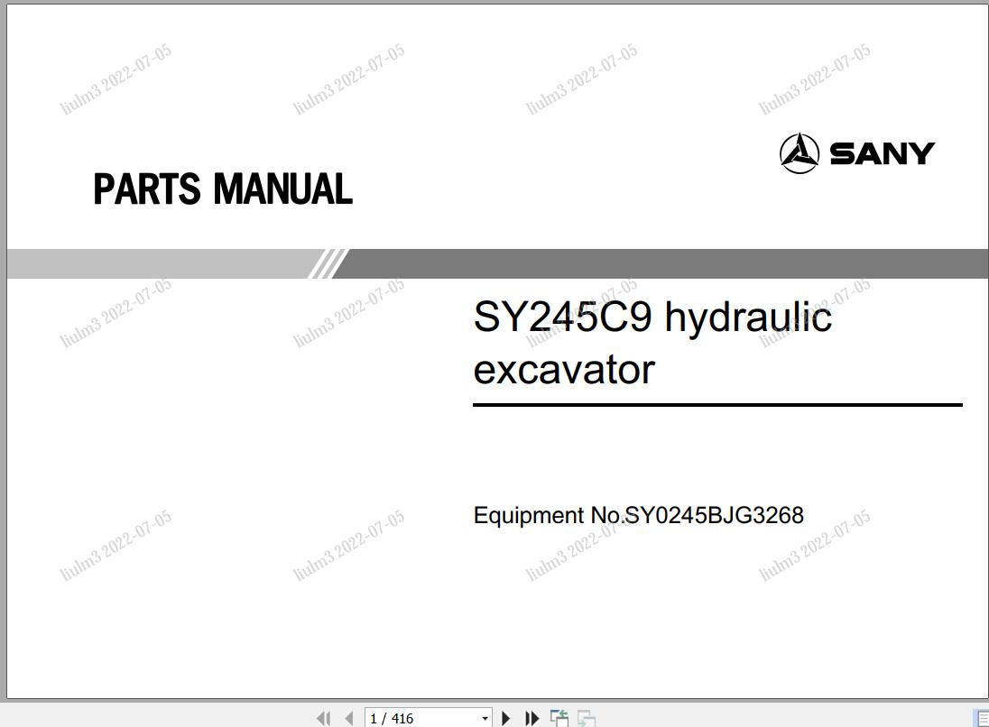 Sany Hydraulic Excavator SY245C9 Parts Manual SY0245BJG3268 EN