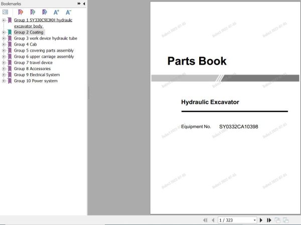 Sany Hydraulic Excavator SY330H Parts Book SY0332CA10398 EN