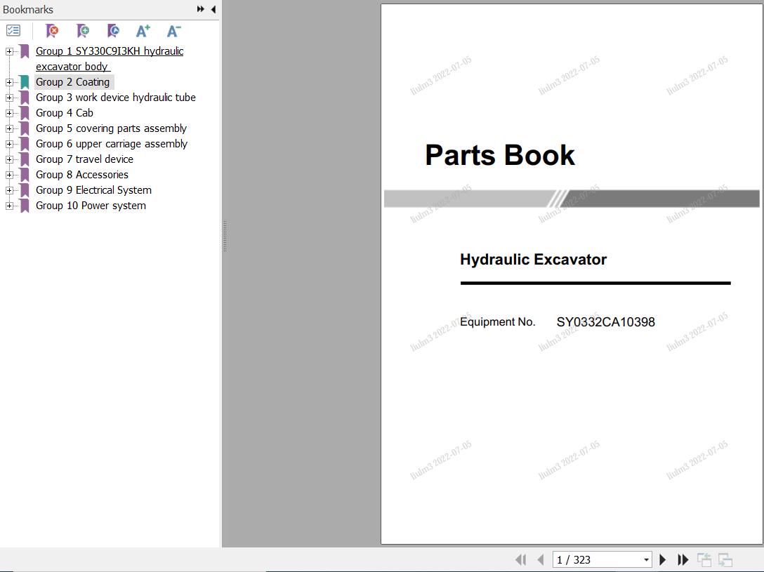 Sany Hydraulic Excavator SY330H Parts Book SY0332CA10398 EN