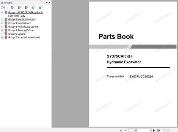 Sany Hydraulic Excavator SY375C Parts Book SY037UCC30288 EN