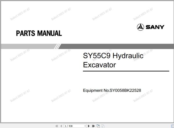 Sany Hydraulic Excavator SY55C9 Parts Manual SY0058BK22528 EN