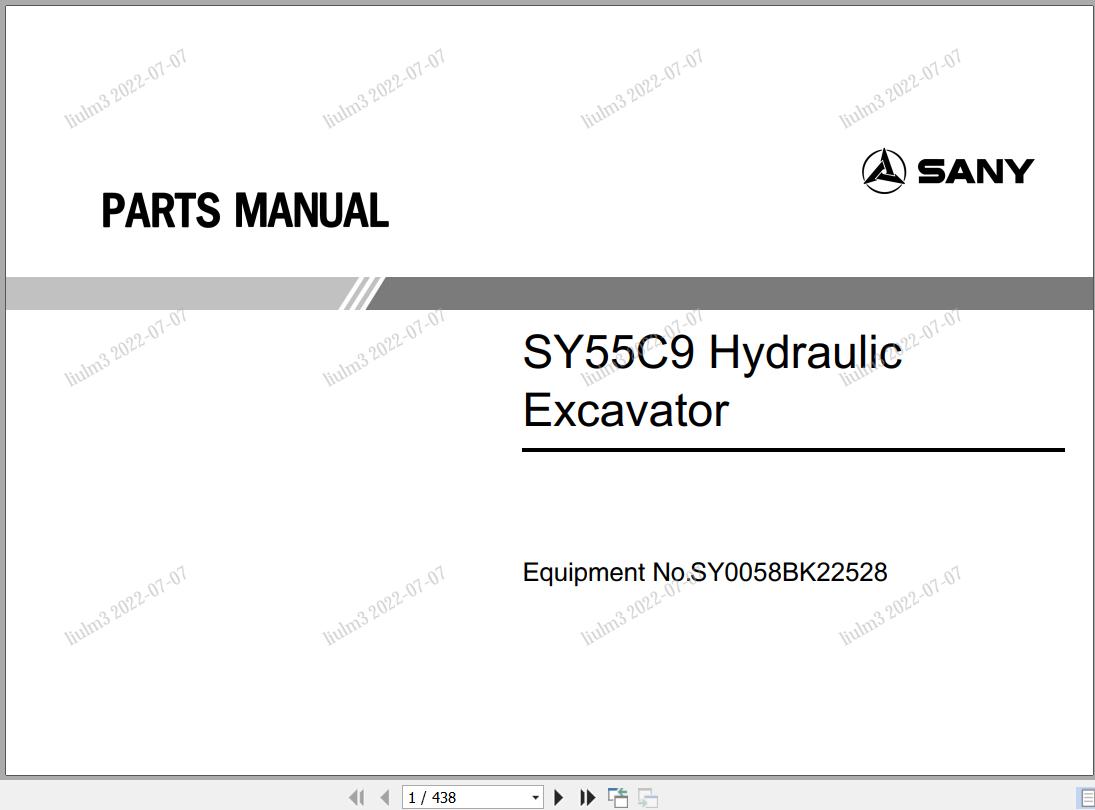 Sany Hydraulic Excavator SY55C9 Parts Manual SY0058BK22528 EN