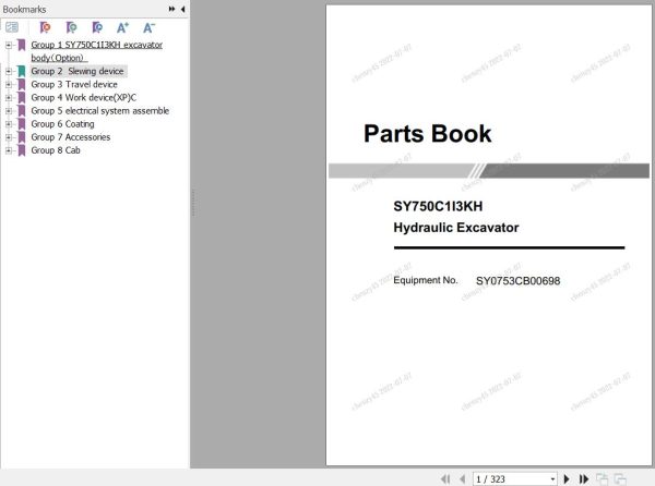 Sany Hydraulic Excavator SY750C1I3KH Parts Book SY0753CB00698 EN
