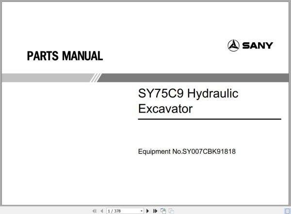 Sany Hydraulic Excavator SY75C9 Parts Manual SY007CBK91818 EN