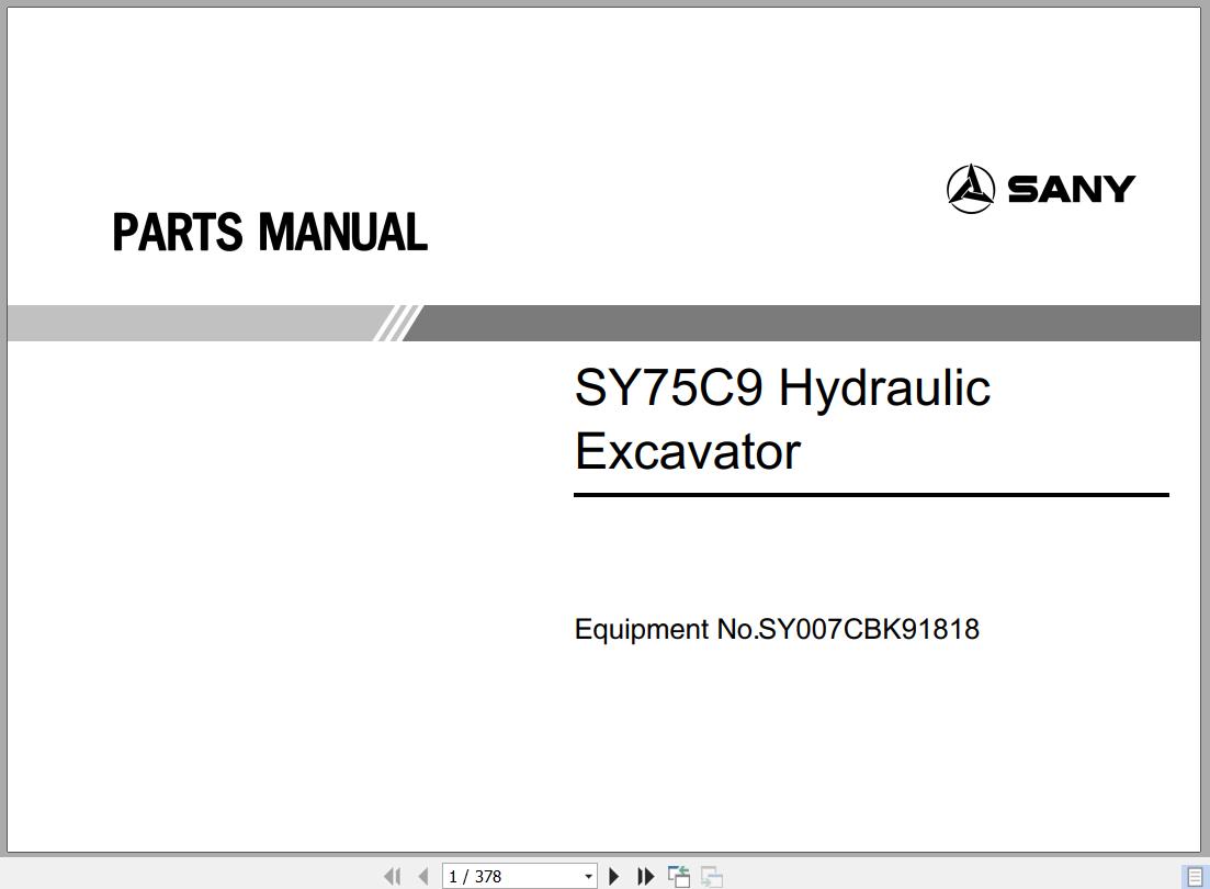 Sany Hydraulic Excavator SY75C9 Parts Manual SY007CBK91818 EN