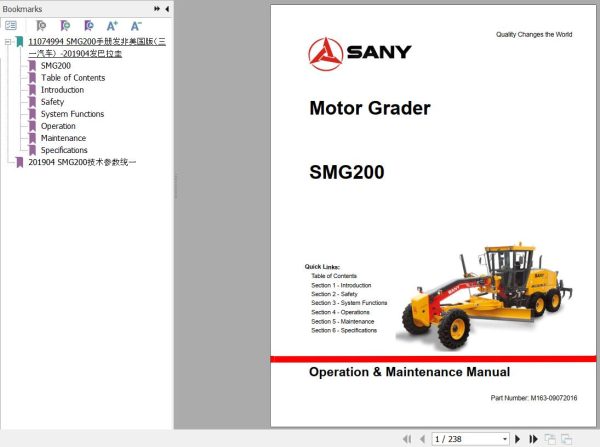 Sany Motor Grader SMG200 Operation and Maintenance Manual M163 09072016 EN