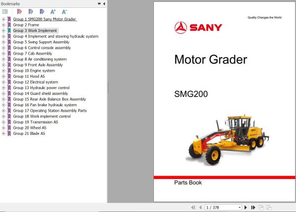 Sany Motor Grader SMG200 Parts Book PY1120CB1015 EN