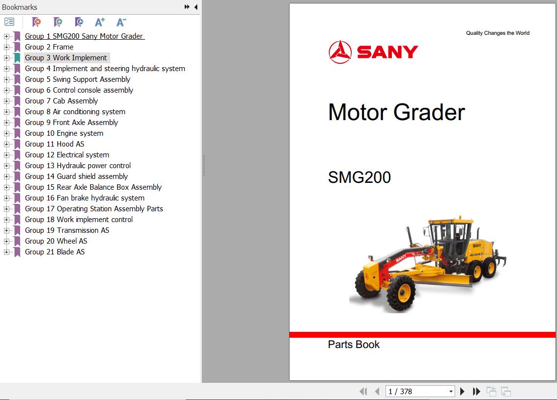 Sany Motor Grader SMG200 Parts Book PY1120CB1015 EN