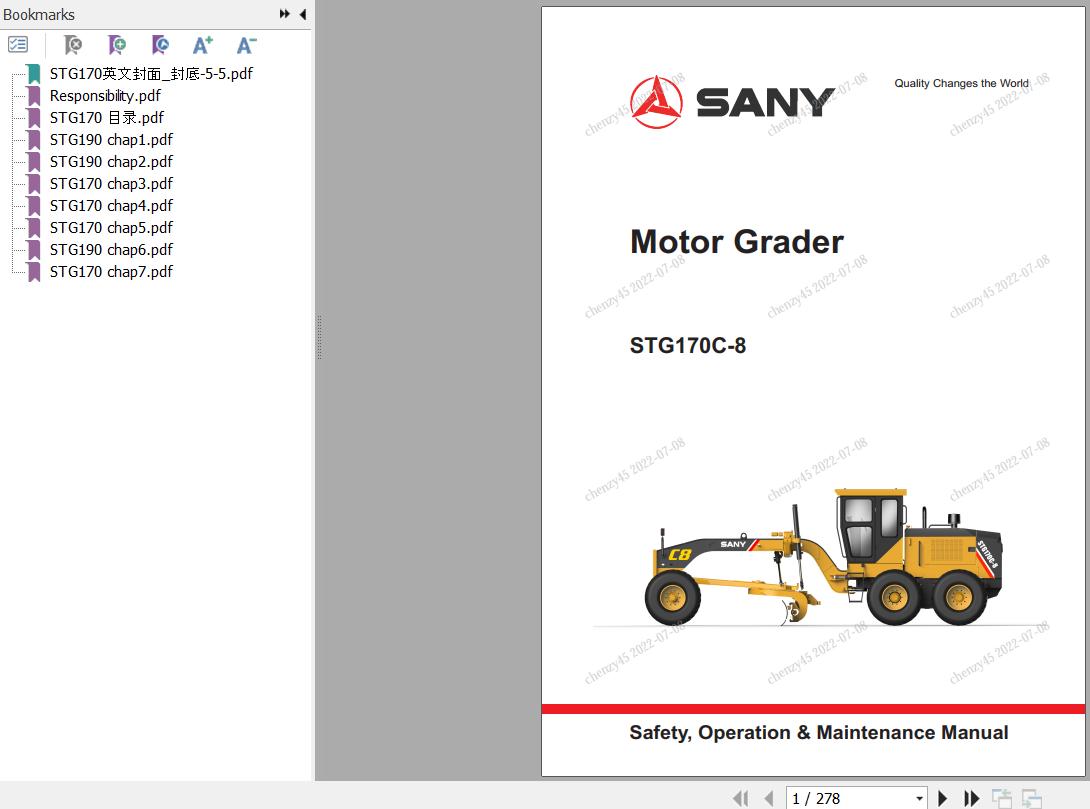Sany Motor Grader STG170C 8 Operation and Maintenance Manual EN