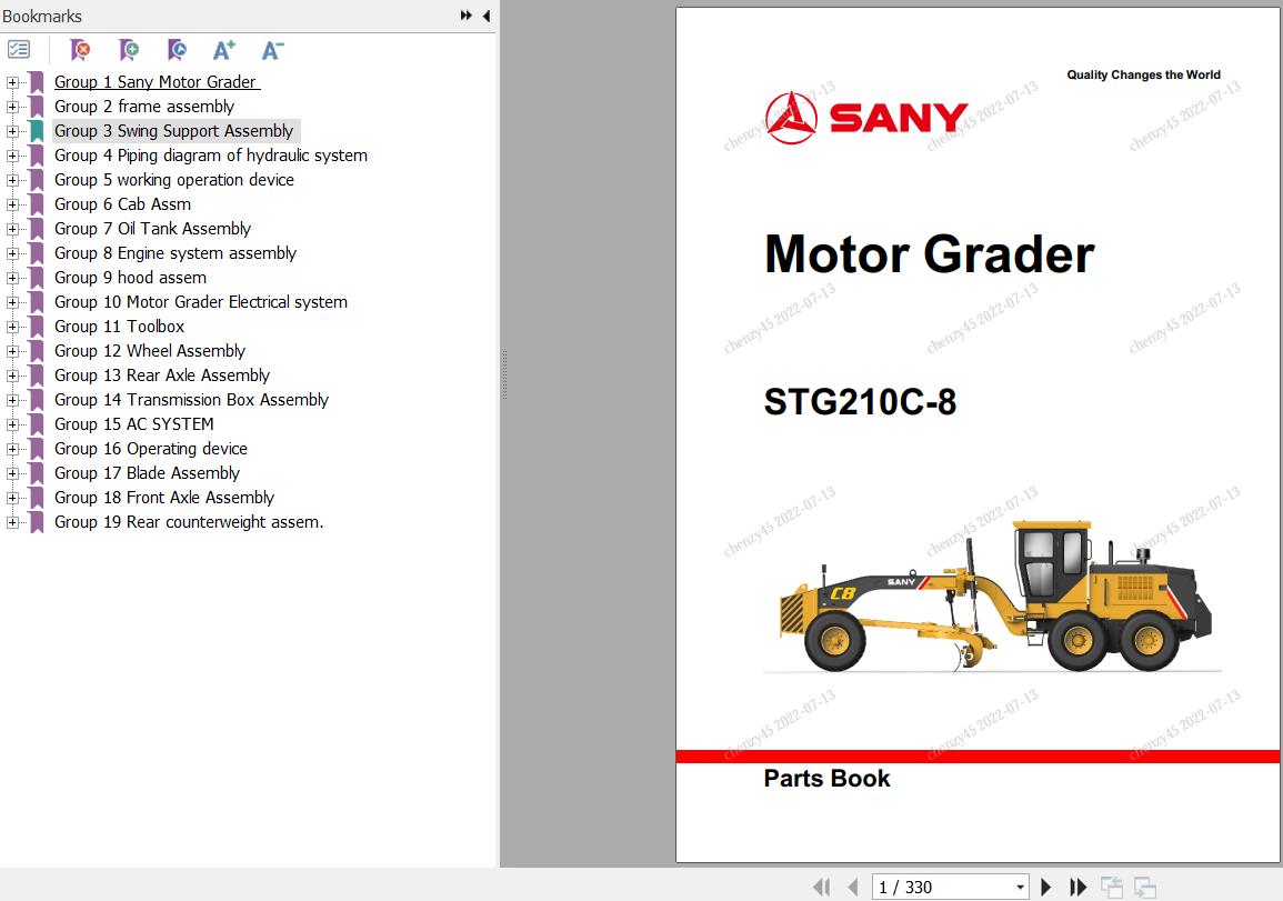 Sany Motor Grader STG210C 8 Parts Book PY5521CC1351 EN