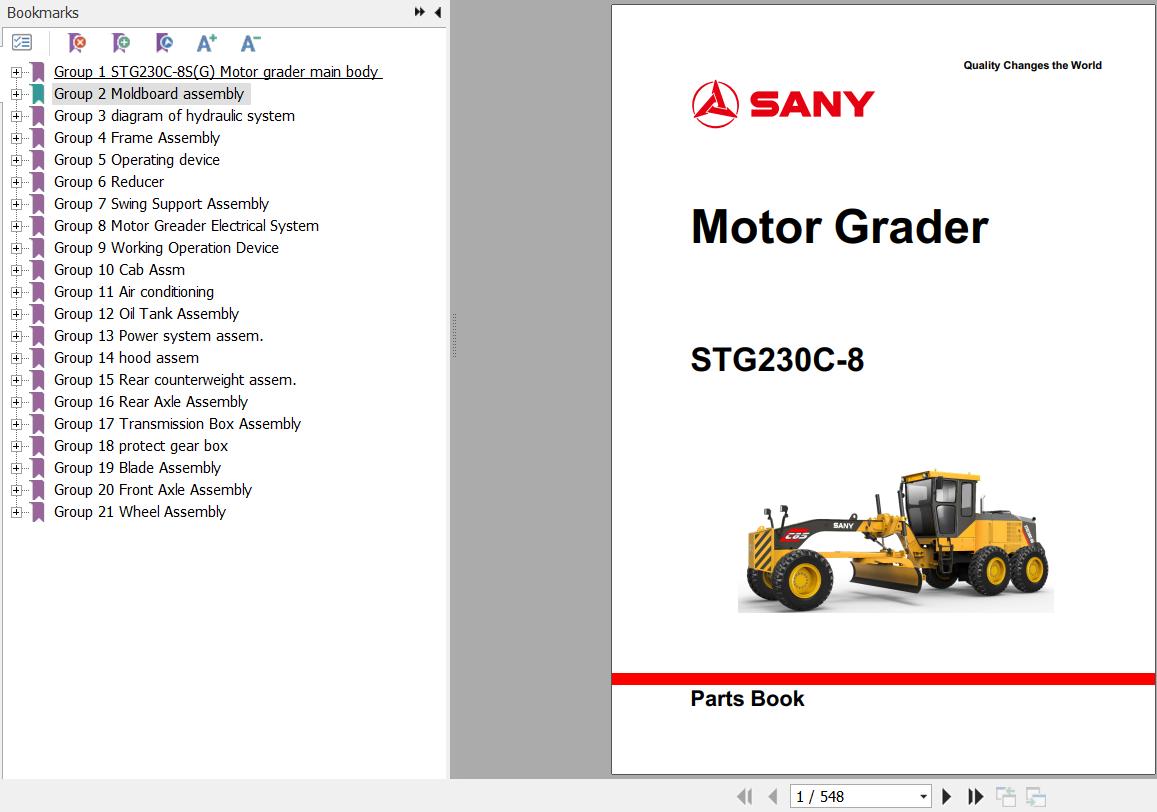 Sany Motor Grader STG230C 8 Parts Book PY5823CC2072 EN