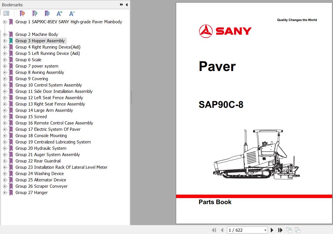 Sany Paver SAP90C 8 Parts Book LT2790CC0183 EN