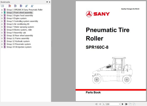 Sany Pneumatic Tire Roller SPR160C Parts Book YZ3220CB0890 EN