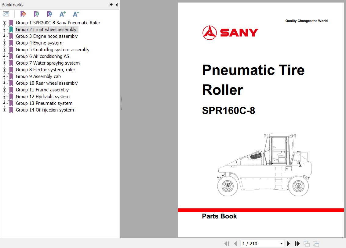 Sany Pneumatic Tire Roller SPR160C Parts Book YZ3220CB0890 EN