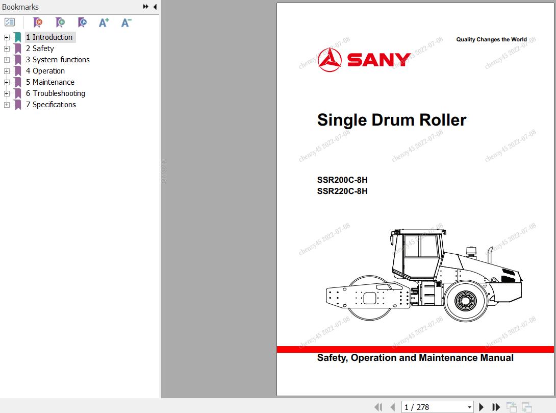 Sany Roller SSR200C 8H SSR220C 8H Operation and Maintenance Manual EN