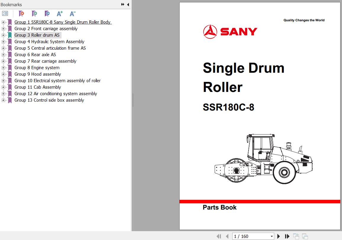 Sany Single Drum Roller SSR180C 8 Parts Book YZ1818CA0709 EN