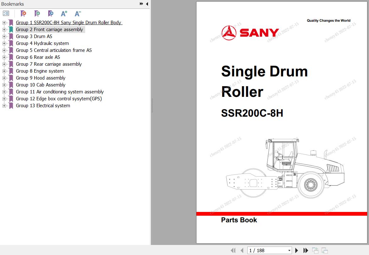 Sany Single Drum Roller SSR200C 8H Parts Book YZ1820CA0328 EN