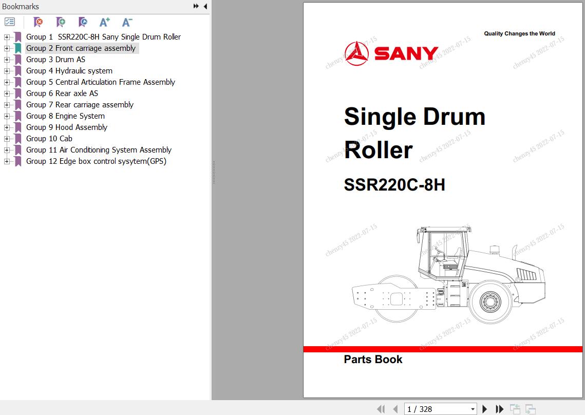 Sany Single Drum Roller SSR220C 8H Parts Book YZ1522CB1471 EN
