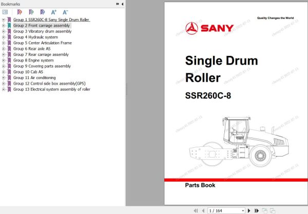 Sany Single Drum Roller SSR260C 8 Parts Book YZ1826CA1422 EN
