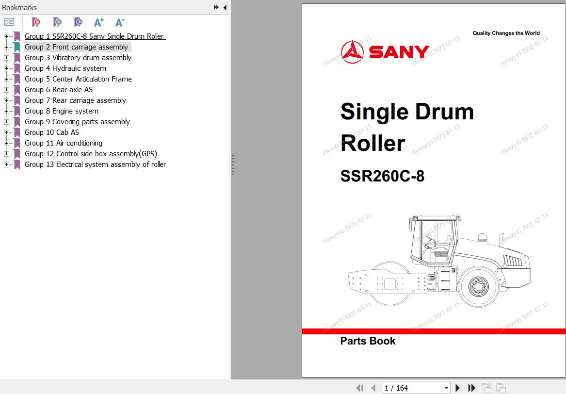 Sany Single Drum Roller SSR260C 8 Parts Book YZ1826CA1422 EN